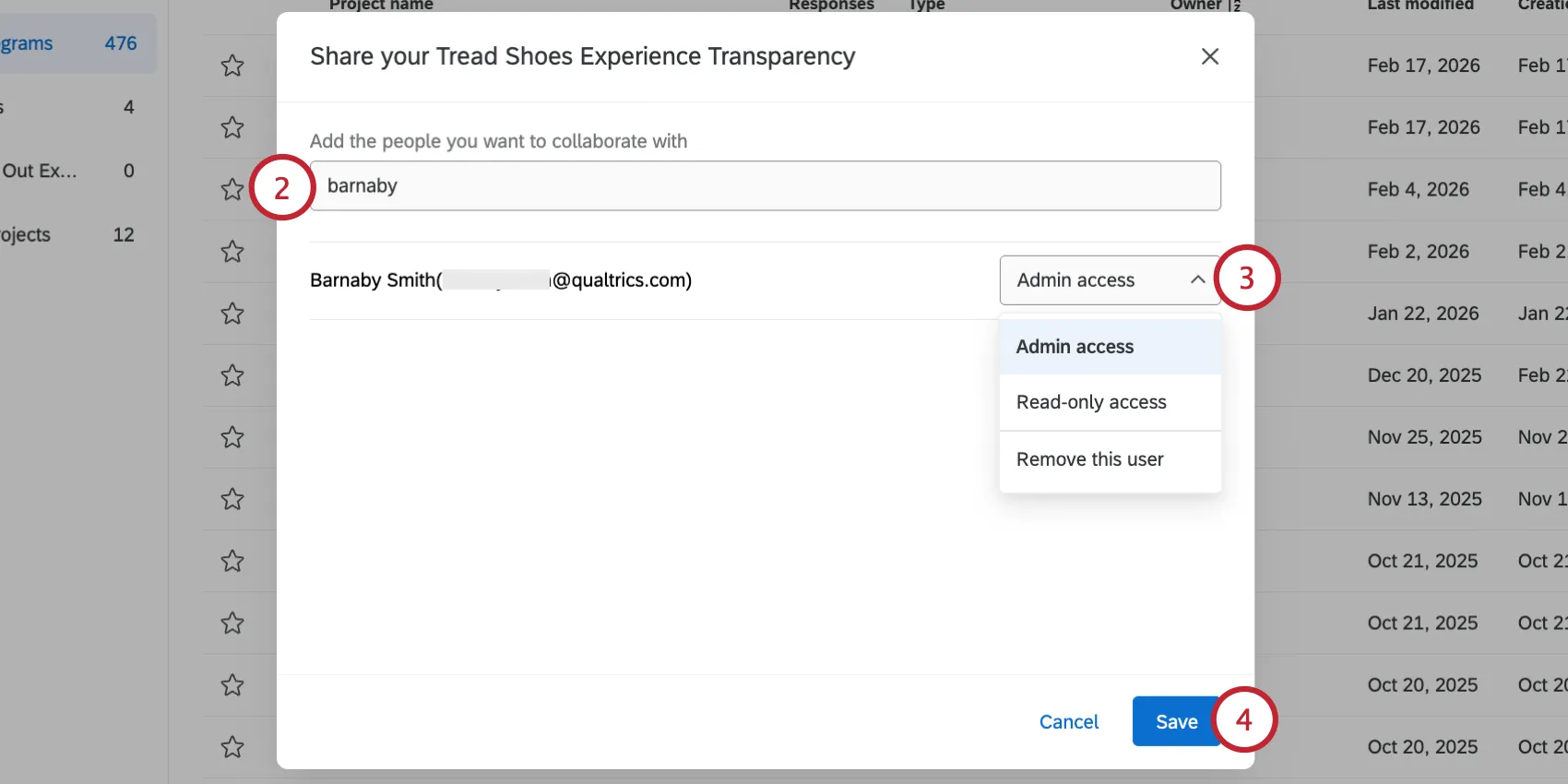 searching for a user to share with and selecting their level of access