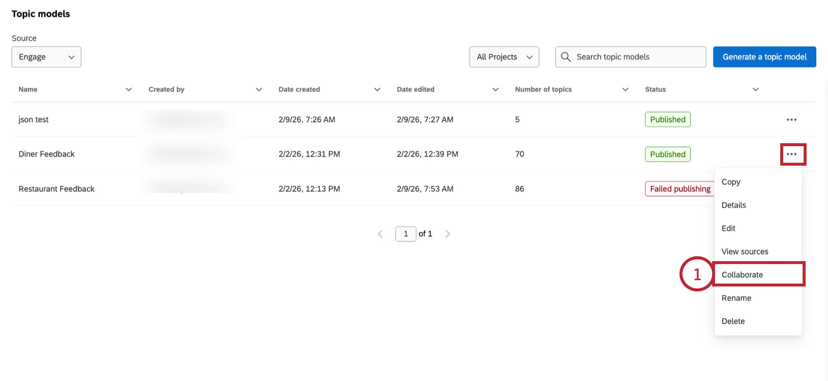 selecting "collaborate" from the topic model options menu