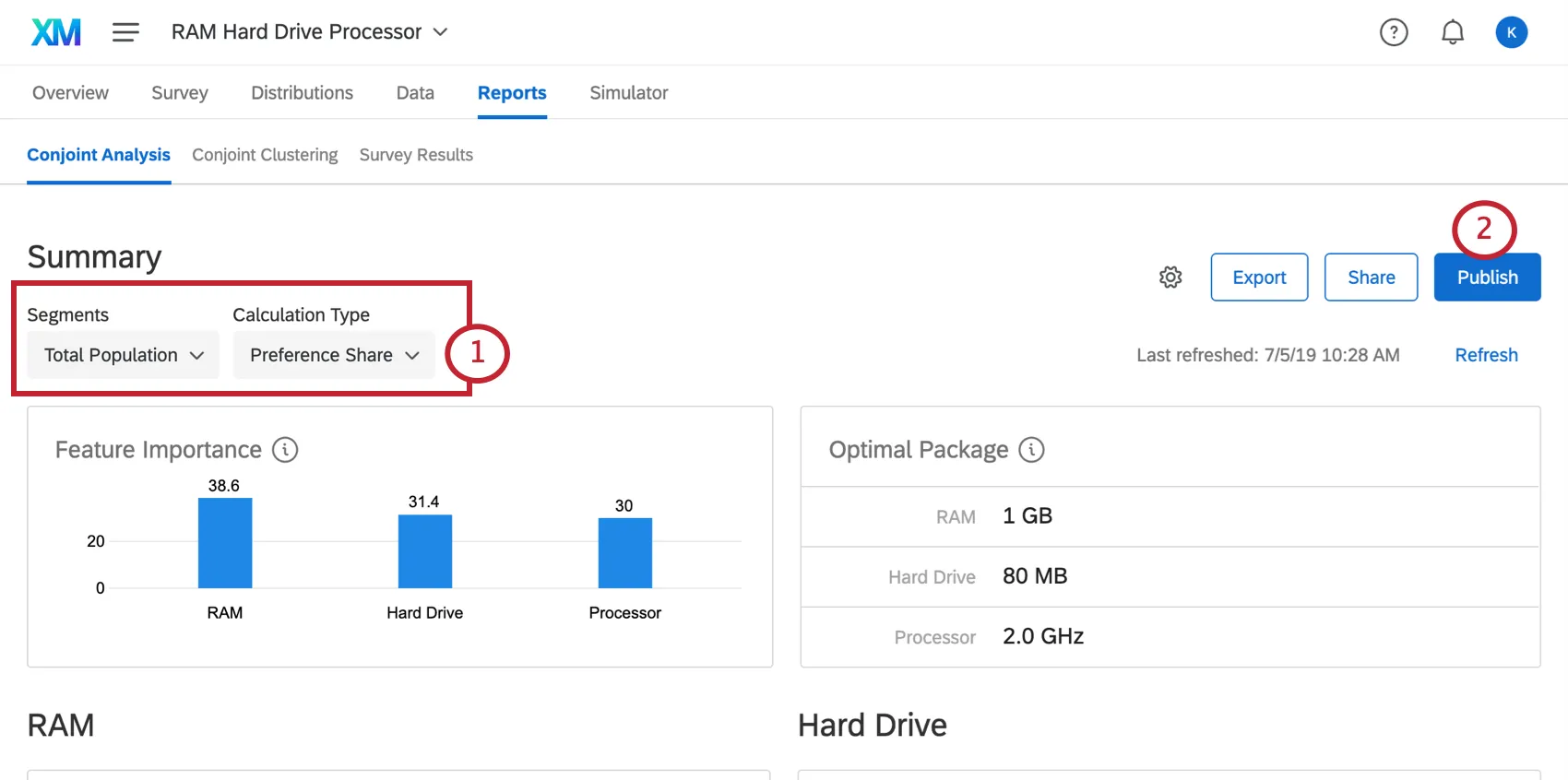 the calculation type and segments dropdown. once you select values, click publish to save them