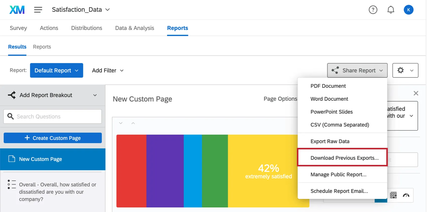 Download Previous Exports option under the Share Report menu