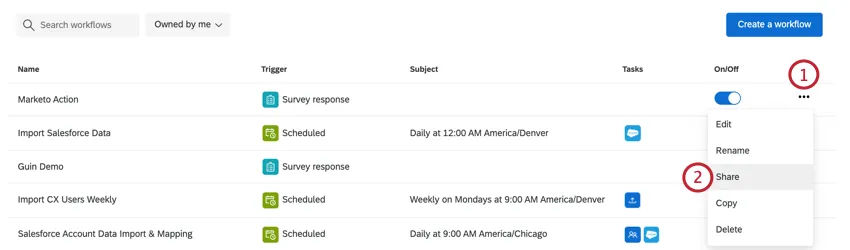 selecionar um fluxo de trabalho e clicar em compartilhar
