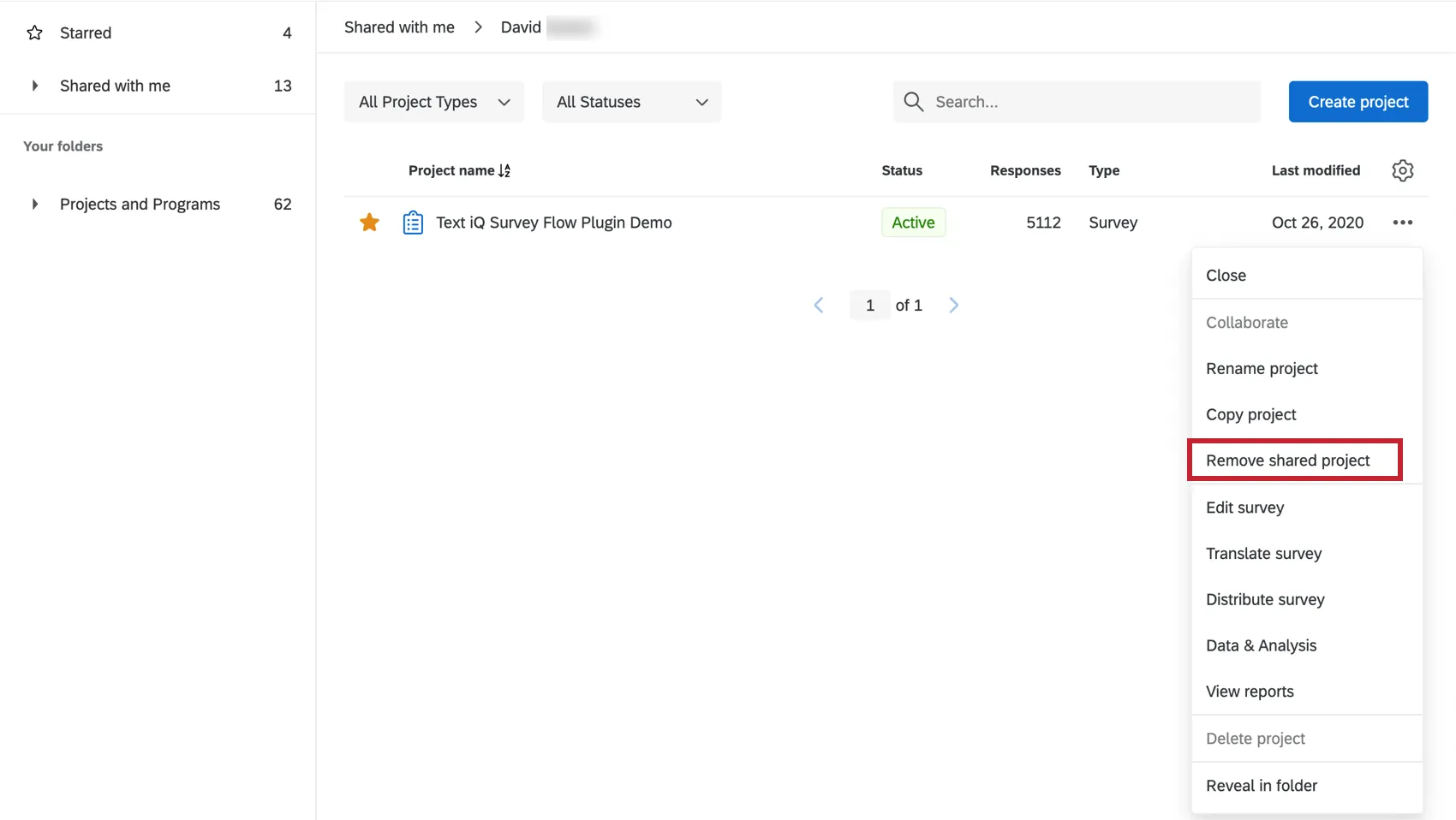 Remove Shared Project option from dropdown located to the right of project