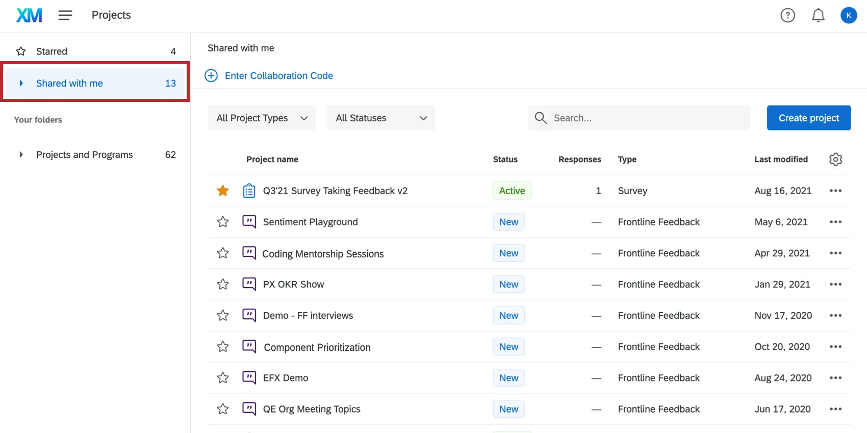 Qualtrics Projects page inside the folder called Shared with Me in the lefthand folders pane
