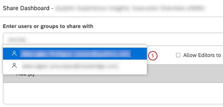 If the dashboard has not been shared with the user, start typing the user’s Studio email address into the Enter users or groups to share with box and select the email from the options displayed.