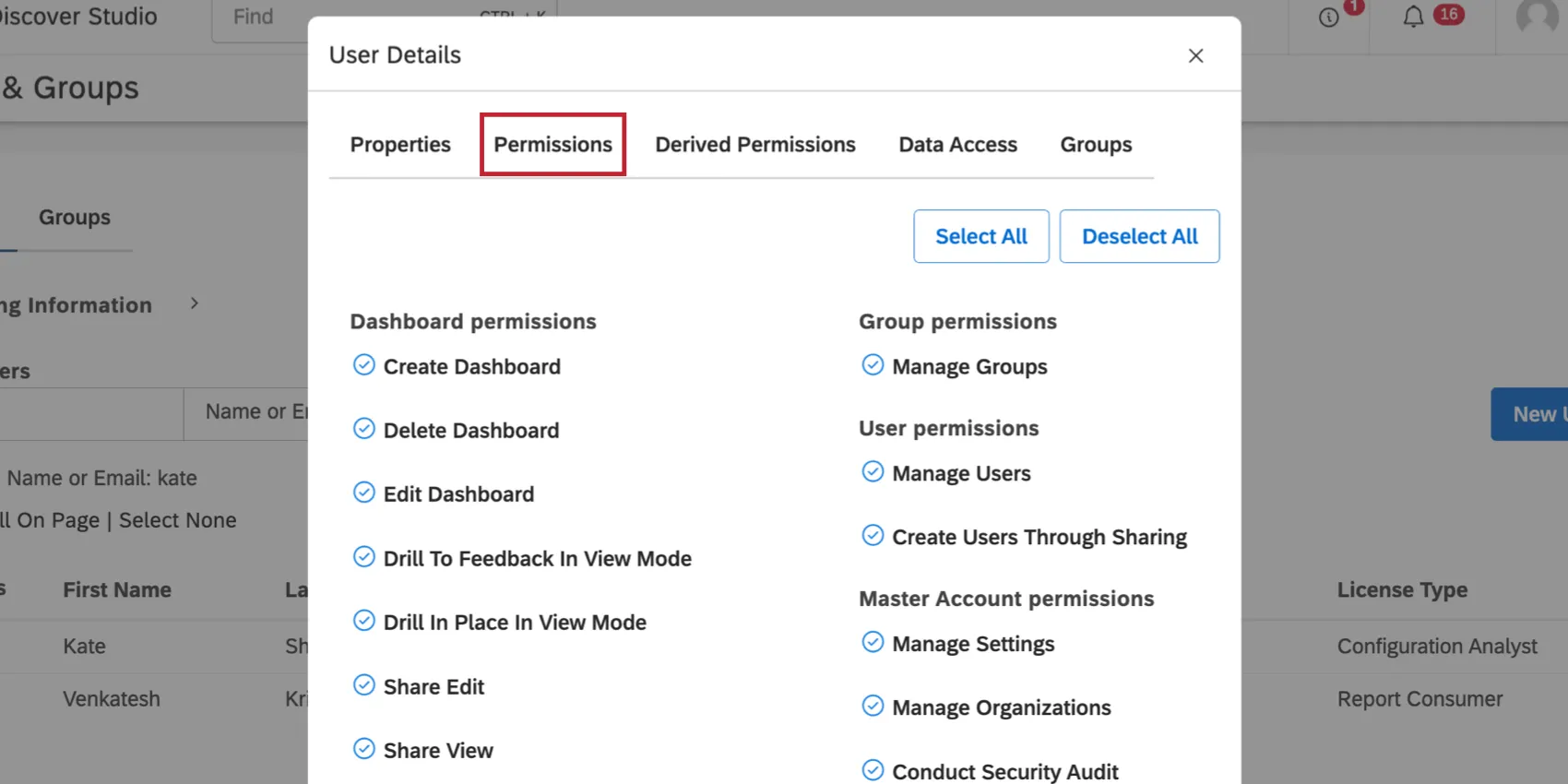 Permissions tab of user details window