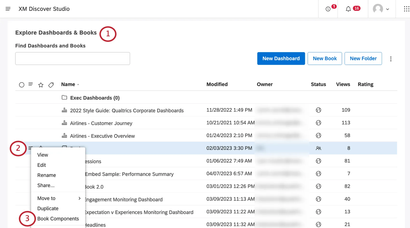 Book components option under 3 line menu