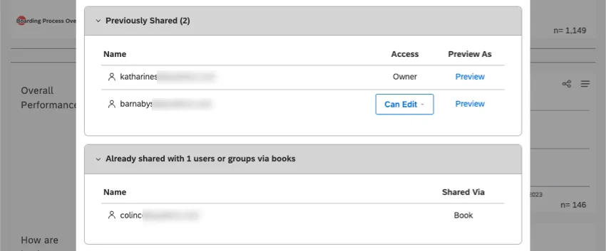sezione nella finestra di condivisione per i libri condivisi in precedenza e già condivisi con via