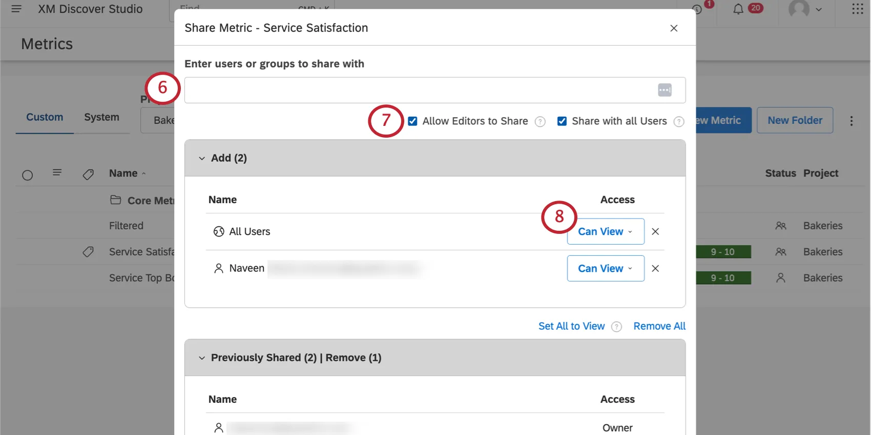 New window where you type in names and set their level of access