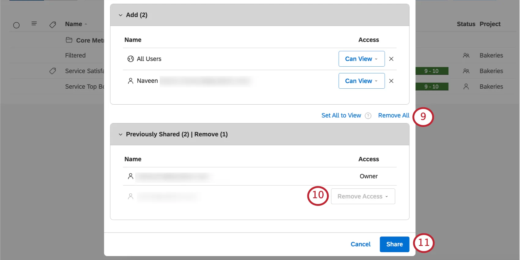 Remova todos os botões e, em seguida, uma nova seção onde você vê os compartilhamentos anteriores e, em seguida, o botão de compartilhamento