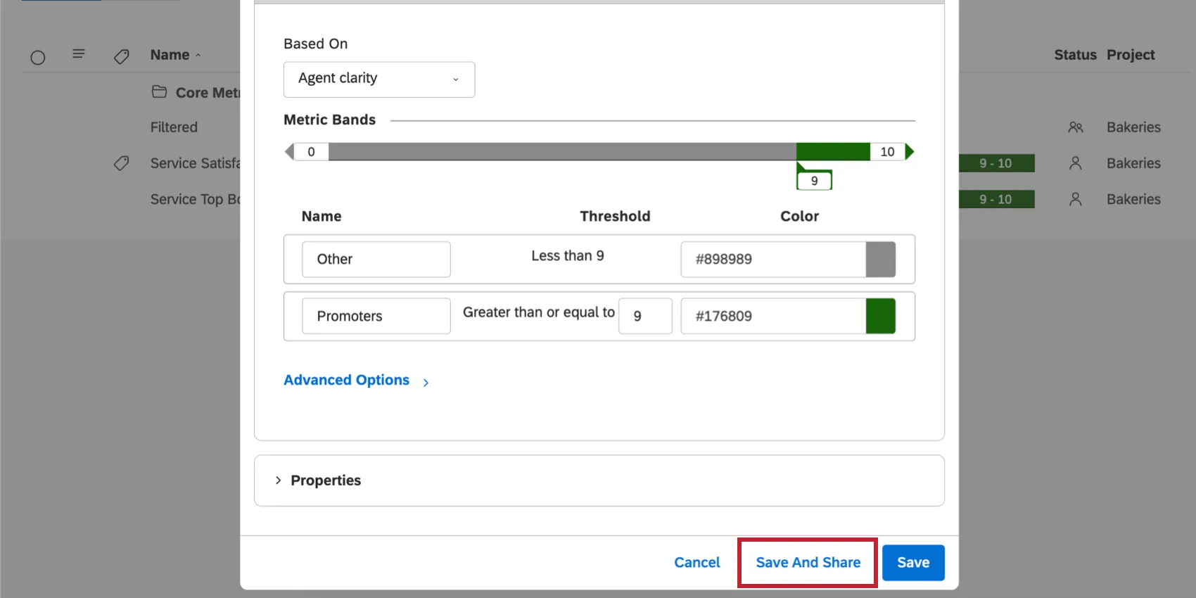 Save and share button at the bottom left of the create metric window
