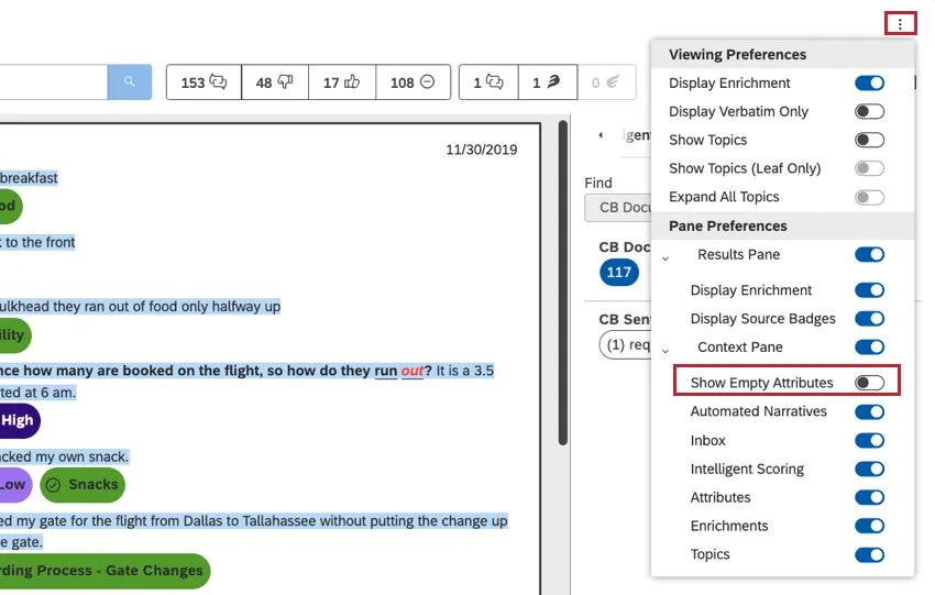 空の属性を表示：Attributes and Key Infoセクションに空の属性（現在のドキュメントに関連する値を持たない属性）を表示または非表示にします。