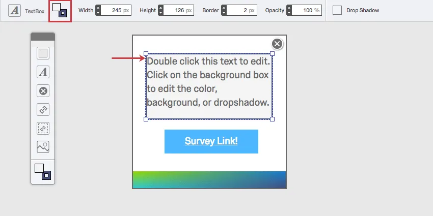 The colors set in the border and background color button along the top toolbar corresponds to the border color and background color of the text box indicated