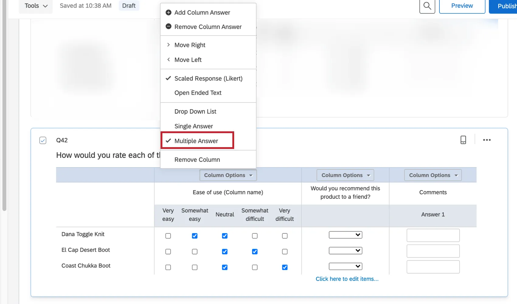 loption de réponses multiples dans le menu déroulant des options de la colonne