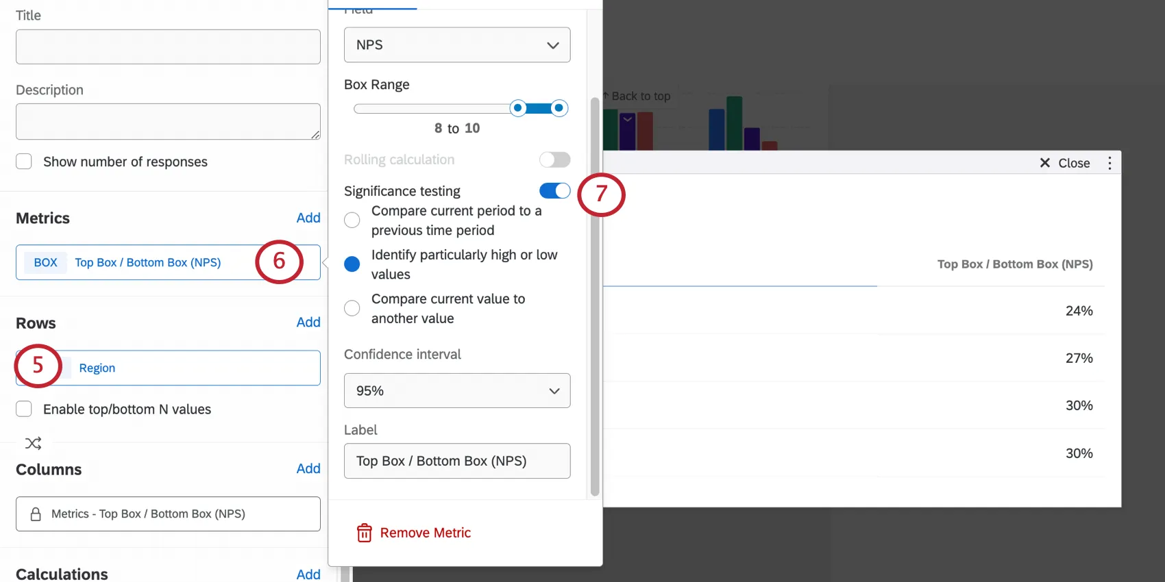 image de lactivation du test de signification dans le menu doptions de la métrique dun widget de tableau