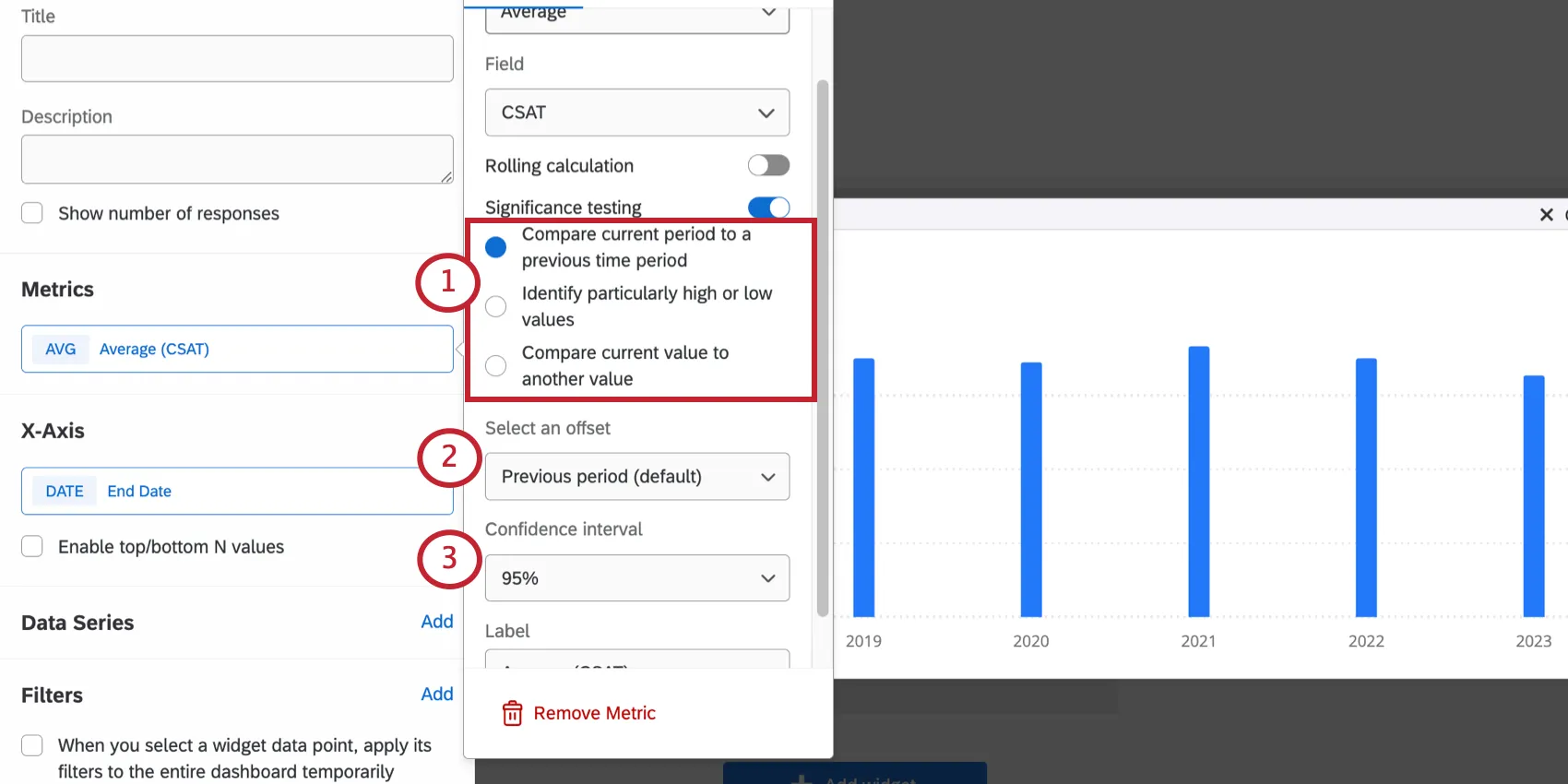 imagem da ativação do teste de significância em uma métrica de widget de barra