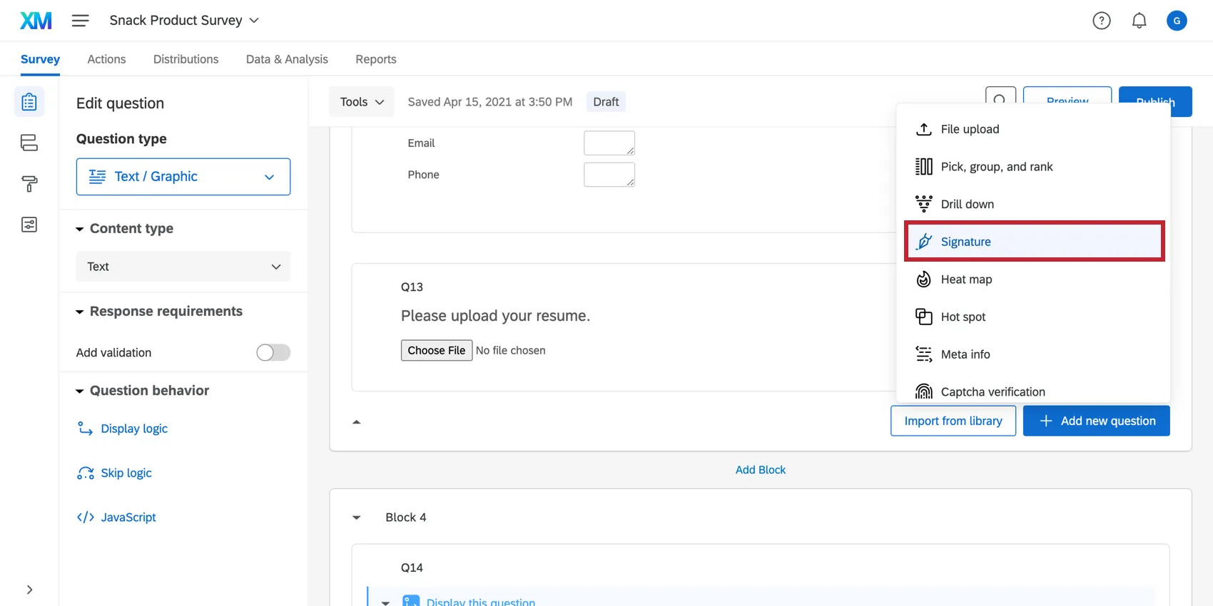Adding a signature question to the survey
