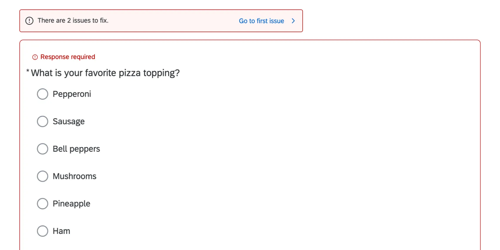 修正が必要な問題が2件あることを示すアラートが上部に表示され、その下に回答が必須なマトリックス表が表示されている画像