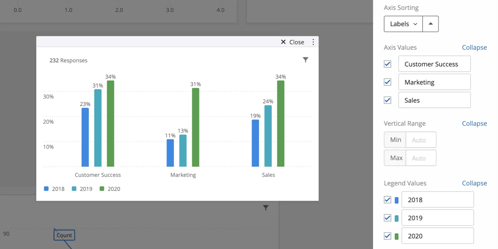 Settings as listed: axis sorting, acis values, vertical range, legend values
