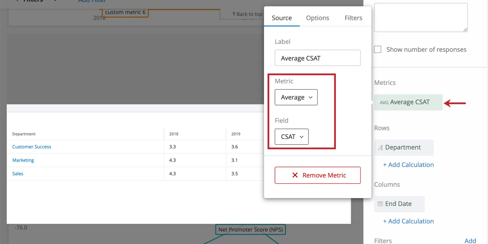 Clicking a metric and configuring it