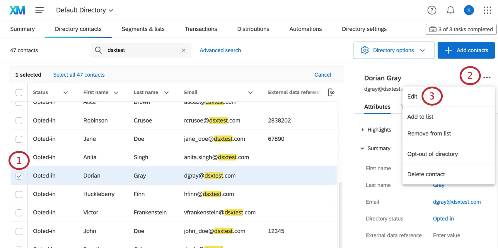 Picture of selecting a contact, opening 3 dot menu, selecting edit