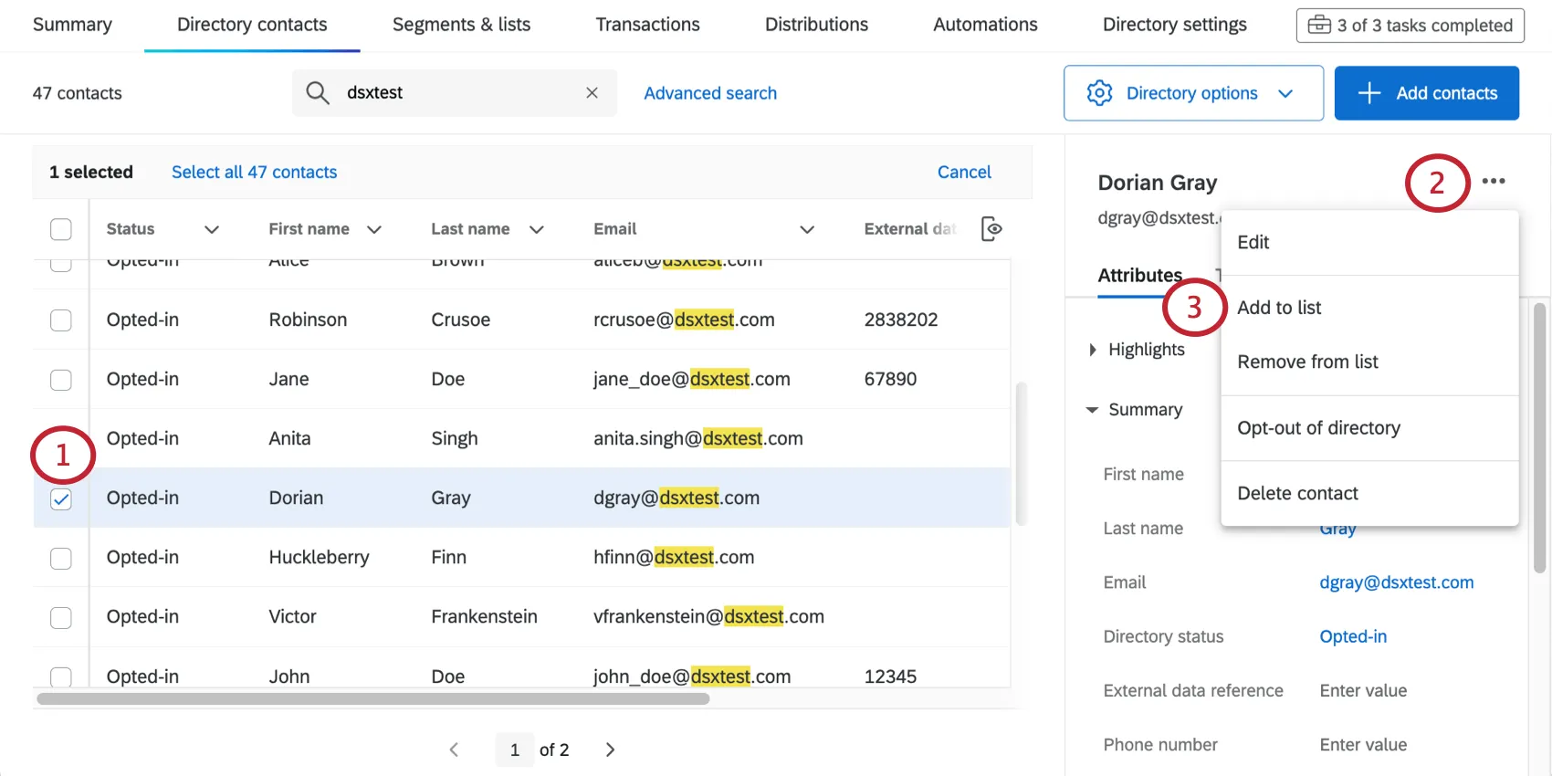 One contact is selected and the dropdown to the far-right reveals the option for Adding and Removing from Lists
