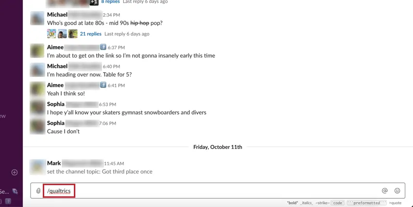 A slash then the word qualtrics is written in the message field at the bottom of a slack channel