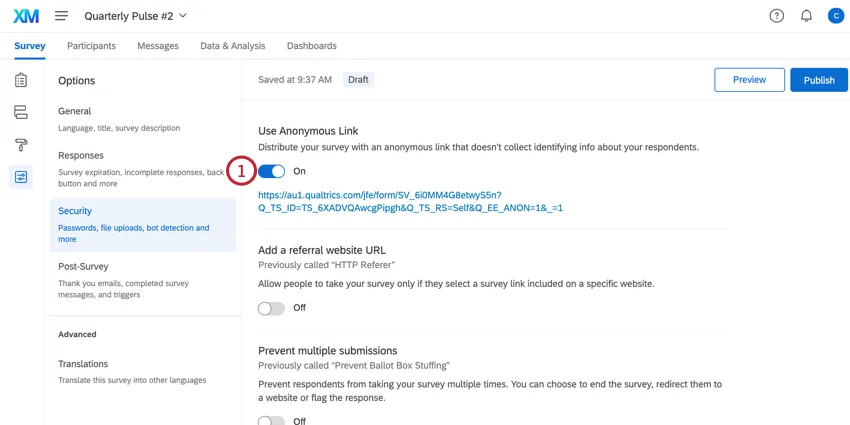 enabling the anonymous link in survey options