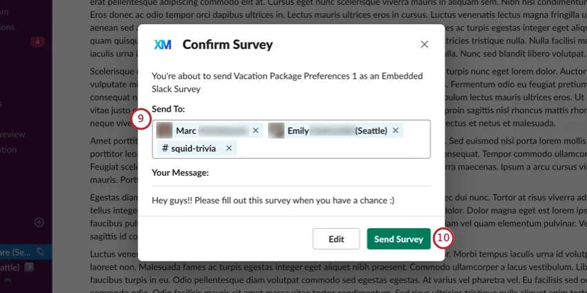 window for editing recipients and confirming selections