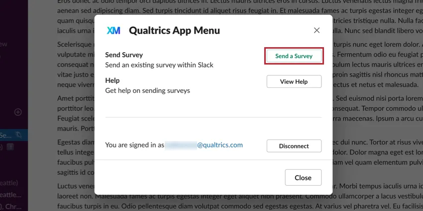 Envoyer un bouton denquête en vert en haut à droite de la nouvelle fenêtre de Qualtrics dans slack