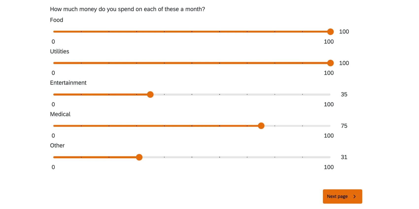 A question where you provide how much you spend on food, entertainment, and housing per month by dragging sliders