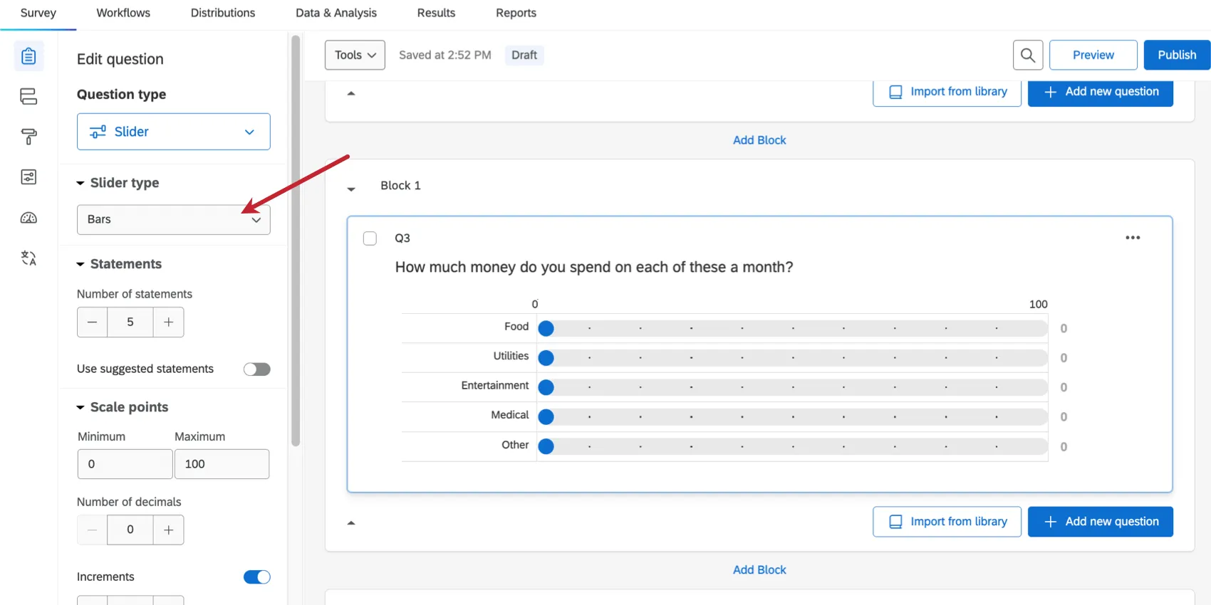 O controle deslizante é definido como barras, fazendo com que o controle deslizante se pareça mais com barras arrastáveis