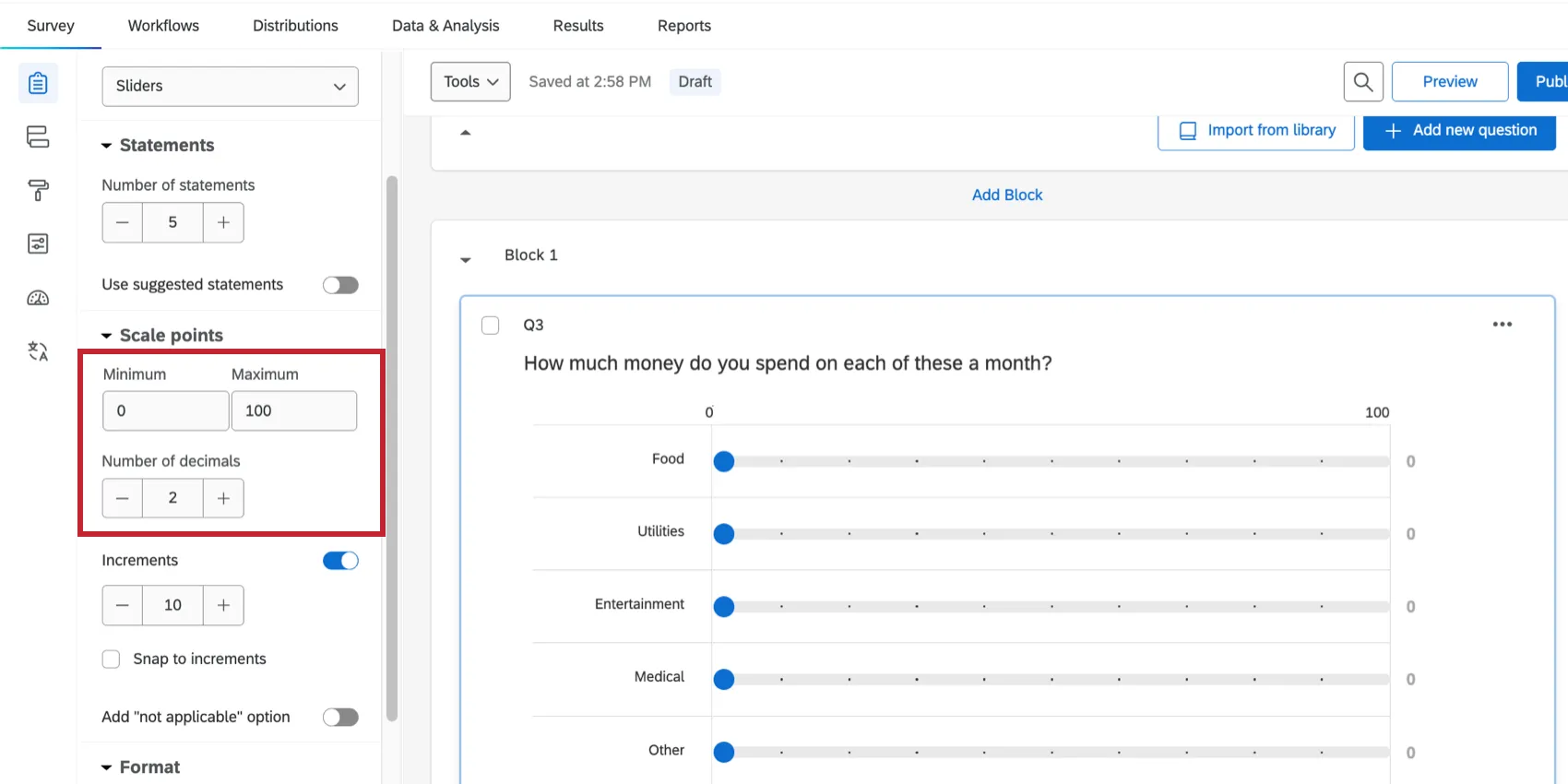 Min, max, and increments settings in the question editing pane