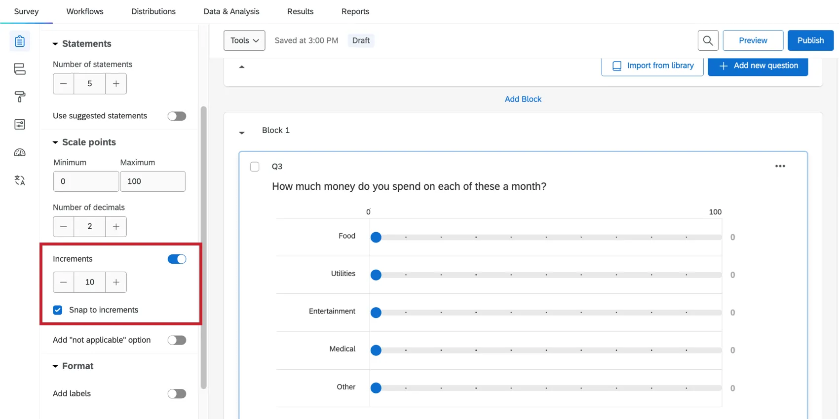 Loption "Prise en compte des incréments" est sélectionnée, de sorte que les curseurs ne peuvent jamais passer dun incrément à lautre