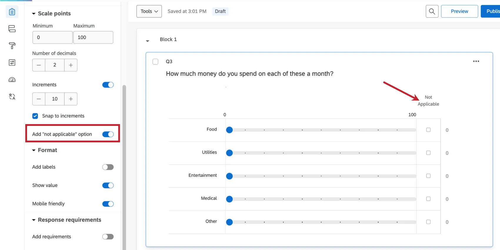 not applicable is selected, so a column shows up next to the sliders with a checkbox