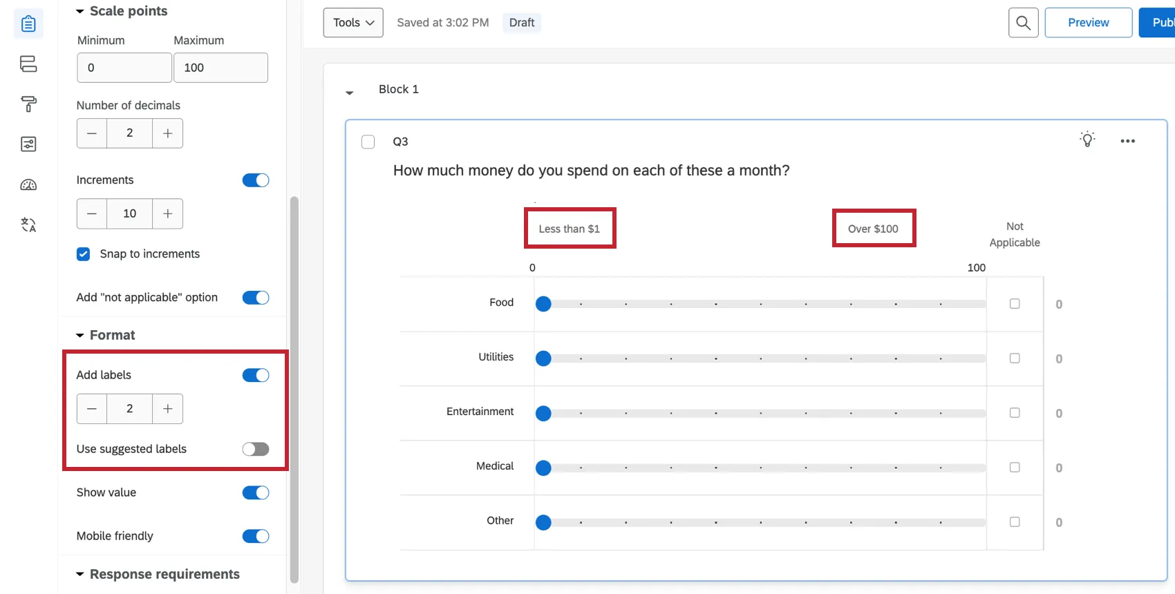 au-dessus des incréments numériques, vous voyez des étiquettes collées de chaque côté de la grille, indiquant ce que les points de léchelle signifient sous la forme la plus élevée et la plus basse