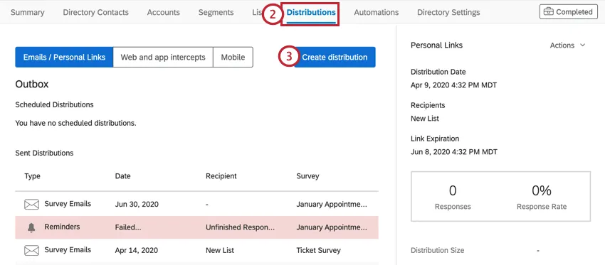 the distributions tab in xm directory. the create distribution button is selected