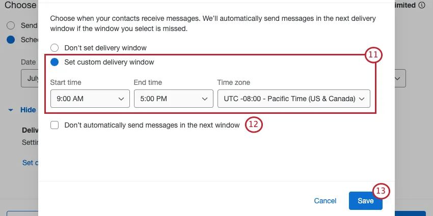 Establecer una ventana de entrega personalizada