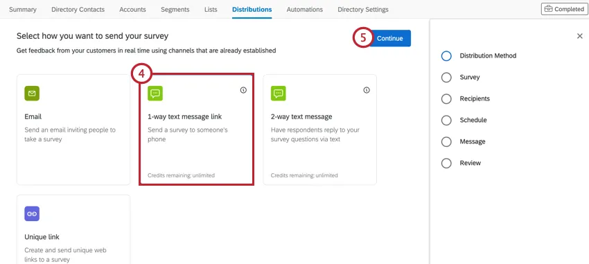 La pestaña de distribuciones en el xm directory. Se selecciona un enlace de mensaje de texto unidireccional