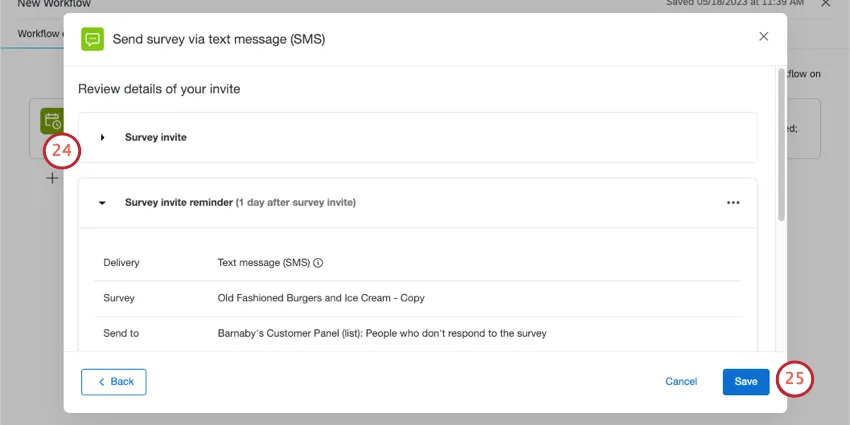 screenshot della schermata finale con linvito via SMS e il riepilogo della promemoria