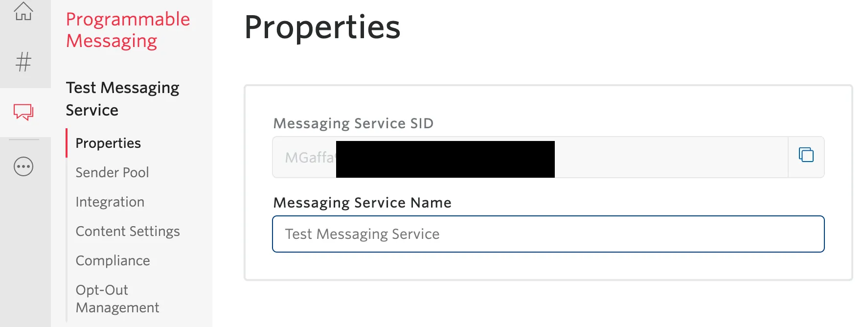 Onglet Propriétés dans Twilio