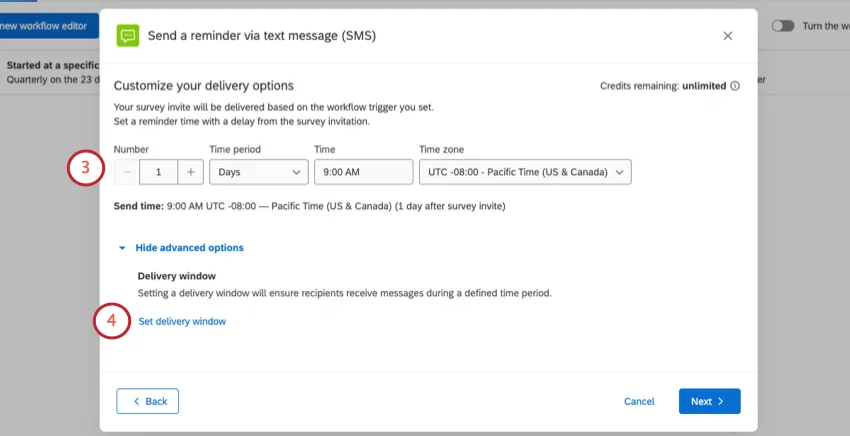 Opciones de entrega para recordatorios por SMS