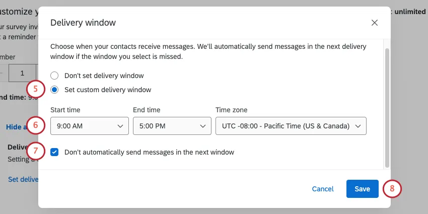another new modal opens where you set delivery window settings
