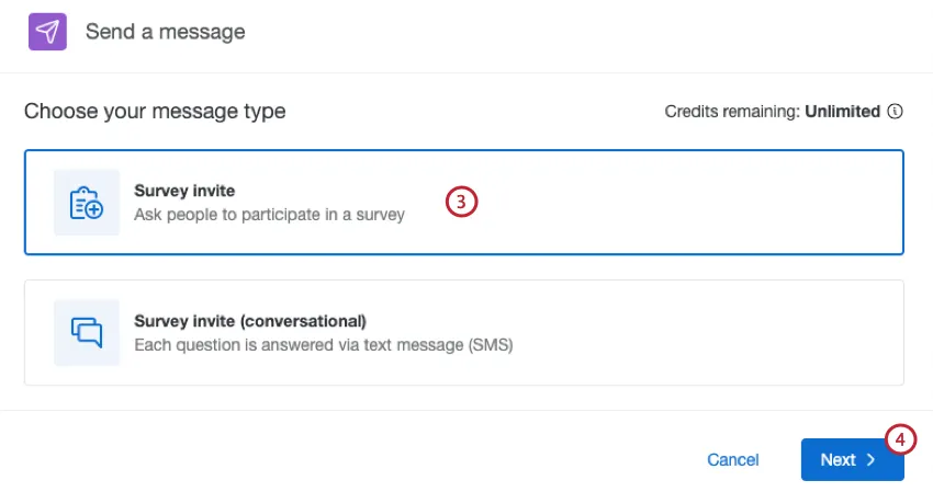 choisir un type de message pour linvitation à lenquête