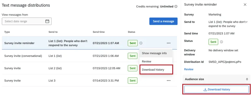 download do histórico de distribuição