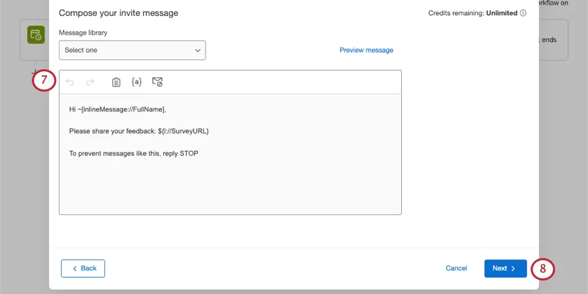 Un message saluant le client, le liant à lenquête et lui donnant des instructions pour se désinscrire
