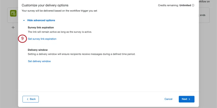 Section says survey link expiration - the link will remain active as long as the survey is active. Then a button to set an expiration