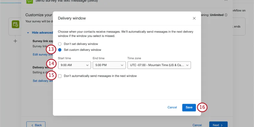 Ventana donde se configuran los ajustes de entrega personalizados