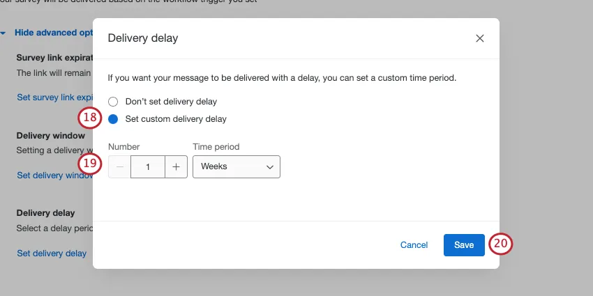 New window where delivery delay settings are set