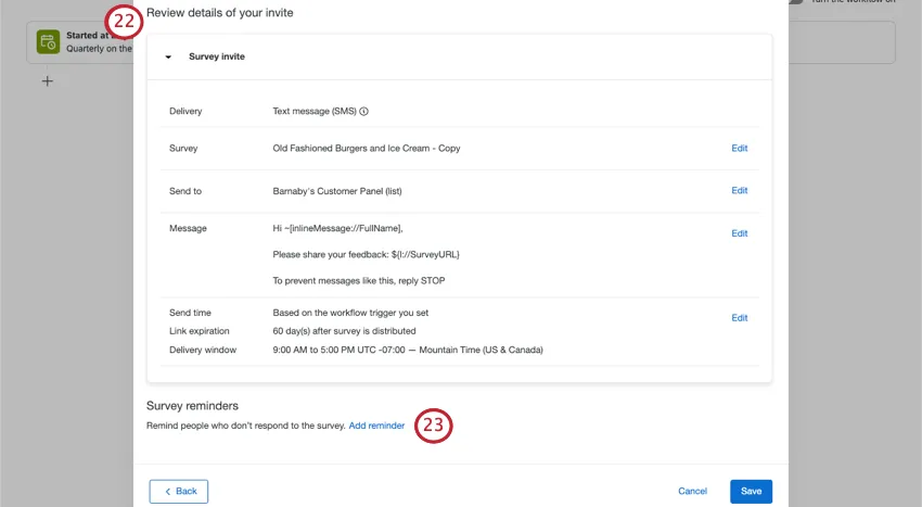 Summary fo changes with edit button next to each - then a button to create reminders below the summary