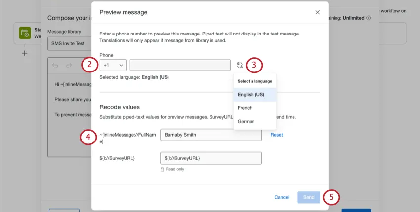 New window where you set the phone number, language, customer name, and survey link you want to test with